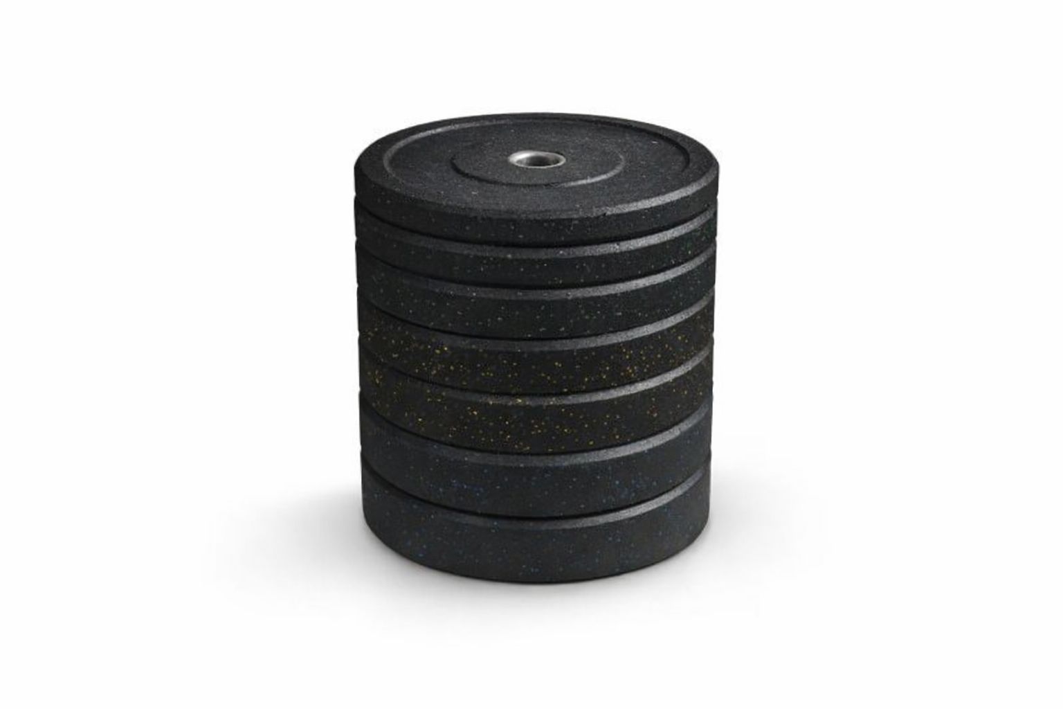 En stapel med svarta bumper plates för styrketräning.
