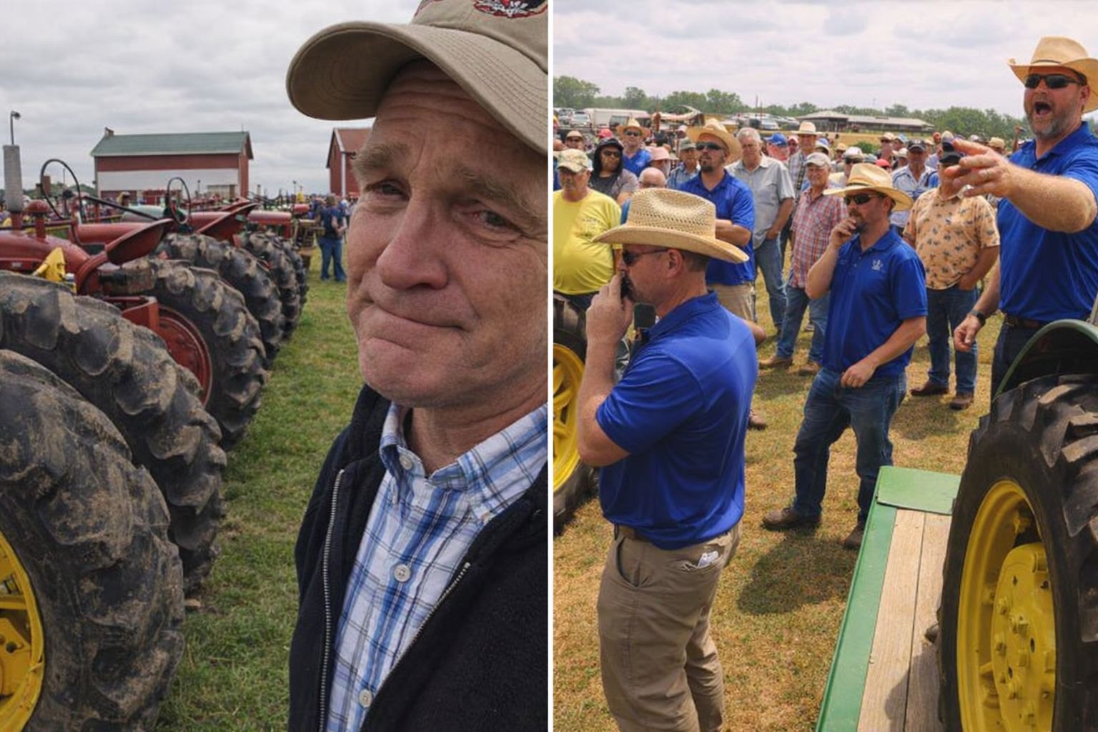 Traktorauktion utomhus: rad av traktorer och publik med auktionsutropare