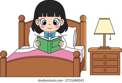 Tecknad flicka som läser en bok i sängen bredvid ett nattduksbord.